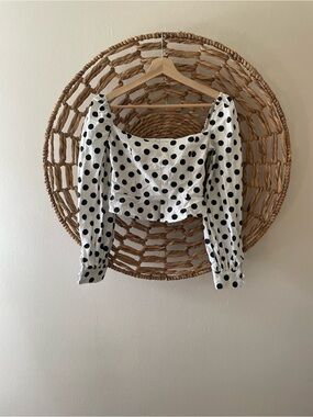 Paper Heart Square Neck Polka Dot Puff Sleeve Crop Top